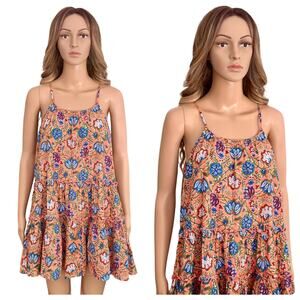 Anthropologie DRA Nathalia Dress Mini Tiered Woodblock floral Cotton Pink Small